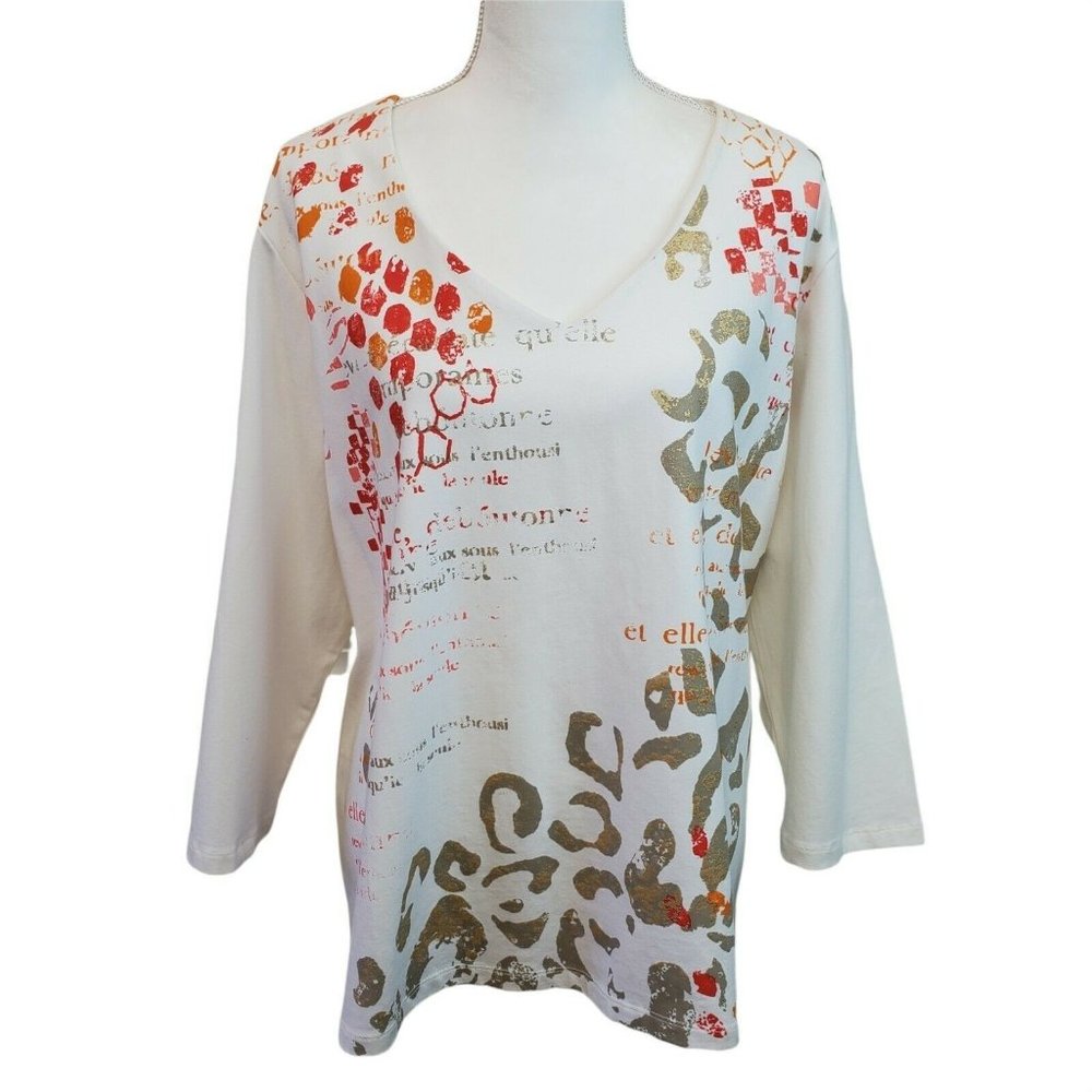 Hearts of Palm Womens Top Size 2X White L/S Orange Red French Paris Art Tee
